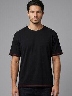 ​JM Men’s Black Short Sleeve T-Shirt with Red Stitch Detail, Loungewear, Size XL